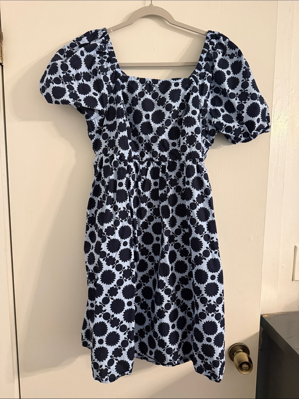 Time and Tru Navy and Light Blue Puff-Sleeve Floral Print Dress